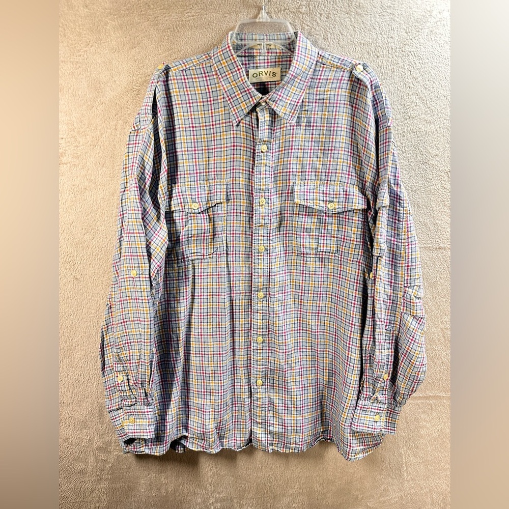 Orvis 100% Linen Shirt Men’s XXL Plaid Long Sleeves Cargo‎ Pockets Button Up